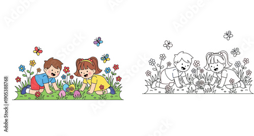 Cute children hunting Easter eggs in spring grass. Vector illustration of happy boy and girl playing with coloring book page outline and colorful version isolated on white background.