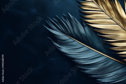 Gold and blue palm leaves create a striking contrast on a dark background
