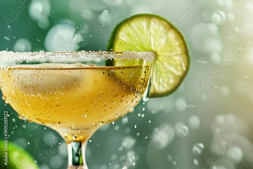 Macro shot of classic margarita cocktail with salt rim and lime wedge