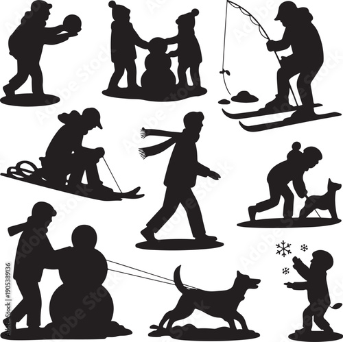 black silhouettes of people doing winter activities on white background