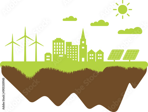 Vector illustration of green sustainable city on floating island with wind turbines and solar panels representing renewable energy and eco-friendly urban environment conservation concept.