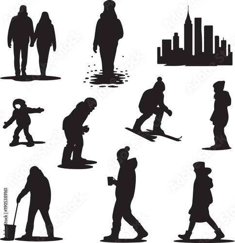 black silhouettes of people doing various activities on white background