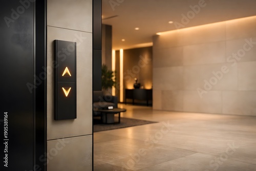 An elevator control panel is seen in a modern lobby. The up and down buttons are illuminated. The lobby has a sleek design with soft lighting. People can wait here for elevators