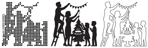 Family happily decorating a Christmas tree together, creating festive holiday memories.