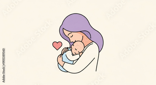 Mother tenderly holding newborn baby with love heart symbol around them in minimalistic illustration