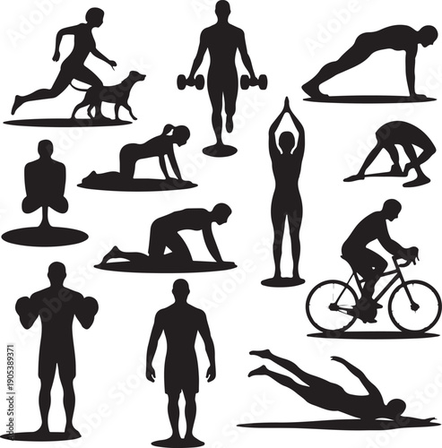 black silhouettes of people exercising and playing sports in various poses
