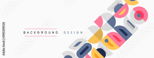 Abstract design features colorful overlapping circles, rectangles. Minimalist style with text elements, simple background.