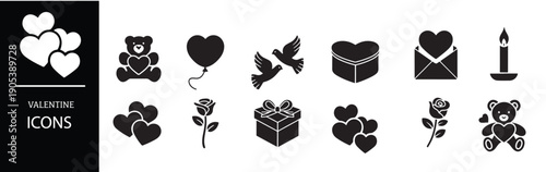 Valentine's Day icons set with hearts, teddy bear, gifts, and romantic symbols in white Background