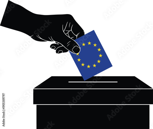 Vector silhouette illustration of a voter hand casting European Union flag ballot into black box representing EU election and democracy isolated on white background.