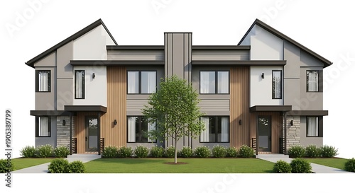 Modern Residential Duplex Houses with Green Lawn.