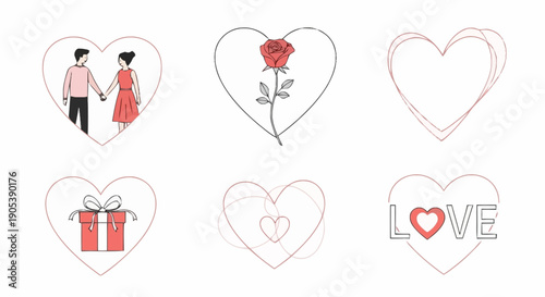 Collection of six romantic themed images including couple with heart prop flower gift and love symbols for celebration and affection visual content