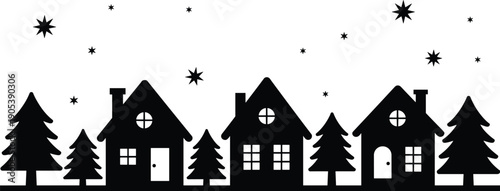 Winter village night silhouette illustration, houses and pine trees under starry sky, cozy rural landscape, black isolated flat vector design