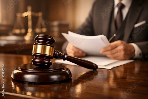 A person sits at a wooden table with a gavel in front and documents in hand. The setting is an office or courtroom, and the focus is on legal matters being discussed