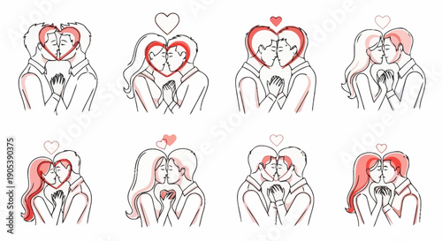 Set of eight romantic hand drawn illustrations featuring couples holding hearts with love symbols in diverse poses and expressions for dating and