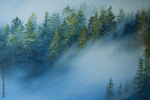 Misty Pine Forest Painting, Ethereal Blue Fog over Coniferous Trees