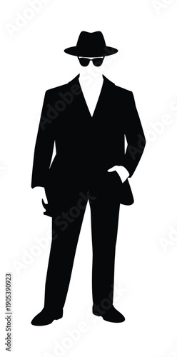 Black vector silhouette of a man in a suit and hat standing confidently