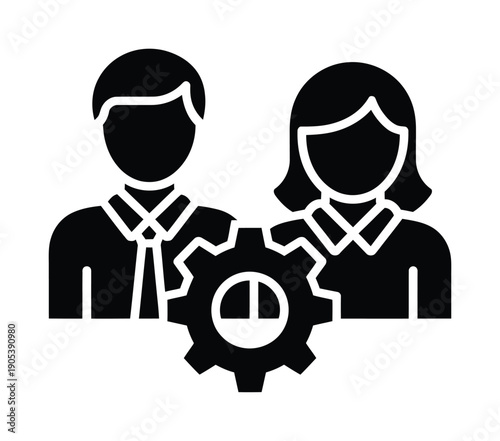 Black-and-white vector illustration of a man and woman with a gear icon