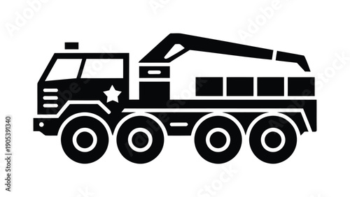 Vector illustration of a heavy-duty military truck with a crane attachment.