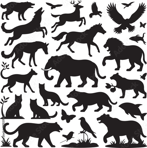 black silhouettes of various animals on white background