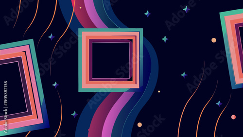 Vibrant surreal futuristic scene with abstract colorful shapes and glowing lines on dark background for creative design with digital and innovation
