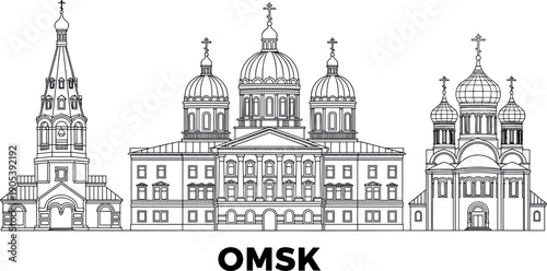 Omsk city skyline line art illustration, Russian architecture landmarks vector, historic cathedral buildings silhouette, travel tourism design, urban outline graphic isolated