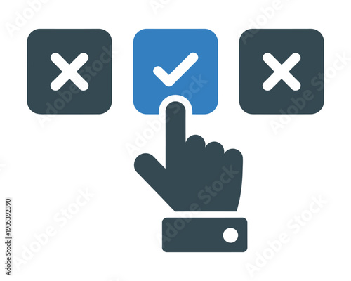 Vector image of a hand selecting a checkmark box between two cross boxes