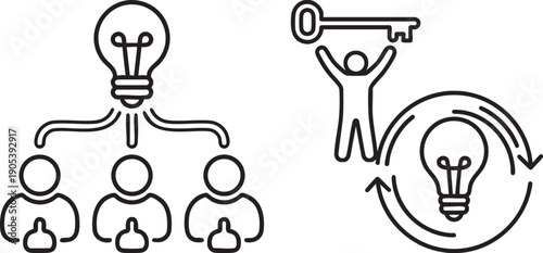  minimal line art illustration of teamwork idea concept with people, light bulbs, key and leadership symbols in editable vector style
