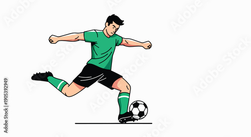 Illustration of a soccer player kicking a ball in a dynamic pose with green uniform and black shorts on a white background.