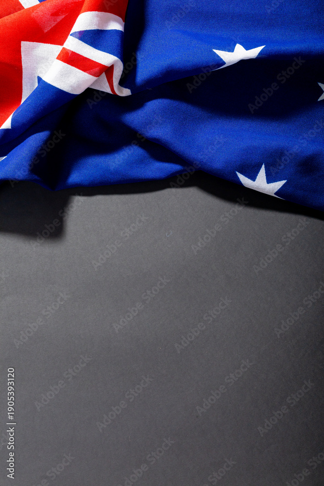 Fototapeta premium Overhead view of crumpled usa flag fabric with stars and stripes by copy space