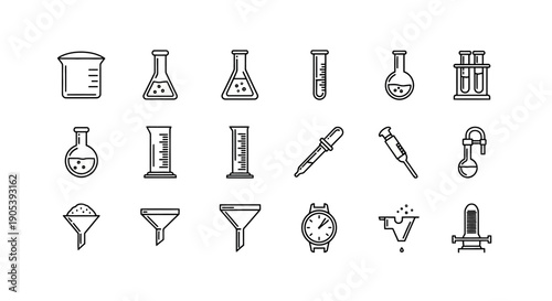 Minimalist science equipment illustration in black and white for various scientific concepts