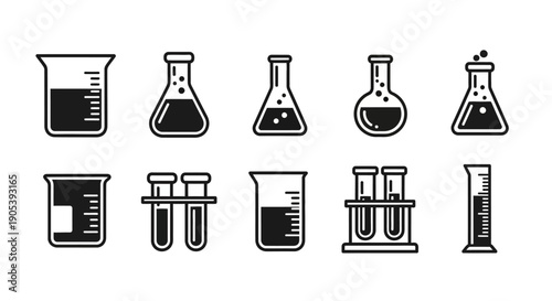 Minimalist science lab equipment illustration showing beakers, flasks, and test tubes for study