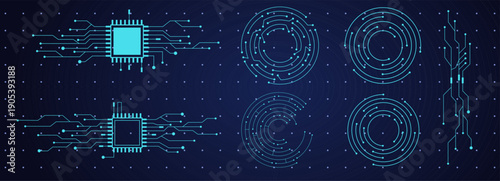 Technology circuit board texture, circle line dots connection.. Electronic motherboard illustration. data, electrical board, cpu. Innovative Electronic Network. Technology background, design elements