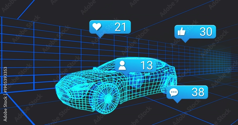 Fototapeta premium Showing blue wireframe car rotating in 3D showroom, with bubbles heart21 like30 user13 comment38