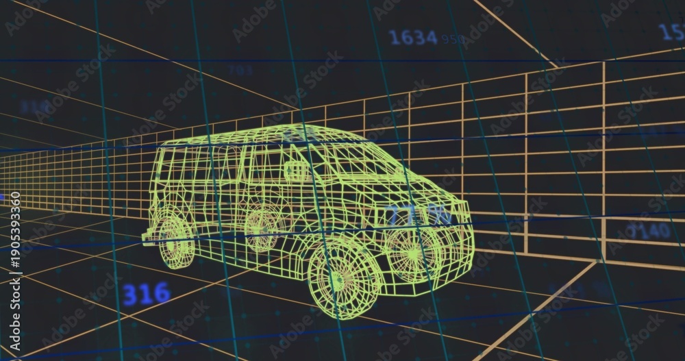 Fototapeta premium Rendering wireframe passenger van model moving through 3D grid tunnel, showing numeric overlays