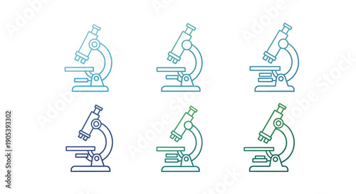 Minimalist vector illustration of several microscopes in varying shades of blue and green