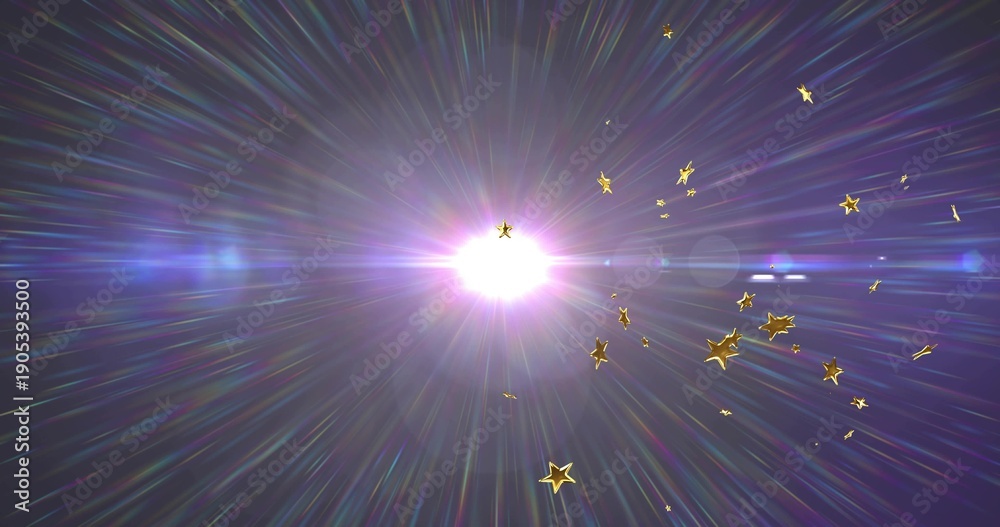 Naklejka premium Radiating bright central burst sending colorful lens flares and golden stars across cosmic field