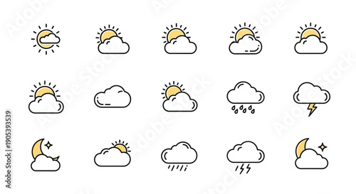 Minimalist Weather Icons: Representing Sunny, Cloudy, Rainy, and Night Conditions