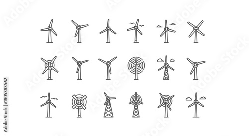 Minimalist Wind Turbine Icons: A Collection of Alternative Energy Illustrations