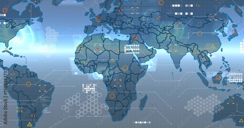 Obraz premium Displaying stylized world map on data dashboard, showing hex clusters, data panels, target markers