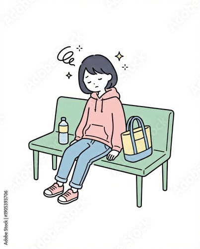 Cartoon illustration of Exhausted young woman in pink hoodie sits on green bench with bag and water bottle minimal flat illustration Japanese casual lifestyle