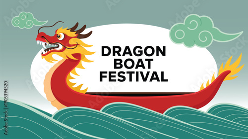 Dragon Boat Festival colorful illustration with traditional chinese dragon boat on waves celebrating asian culture heritage teamwork and festive tradition