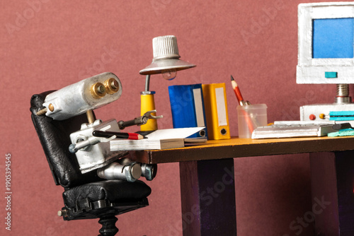 Silver robot at desk with PC, pencil and notepad, sitting on office chair. Office work concept, employee workspace poster