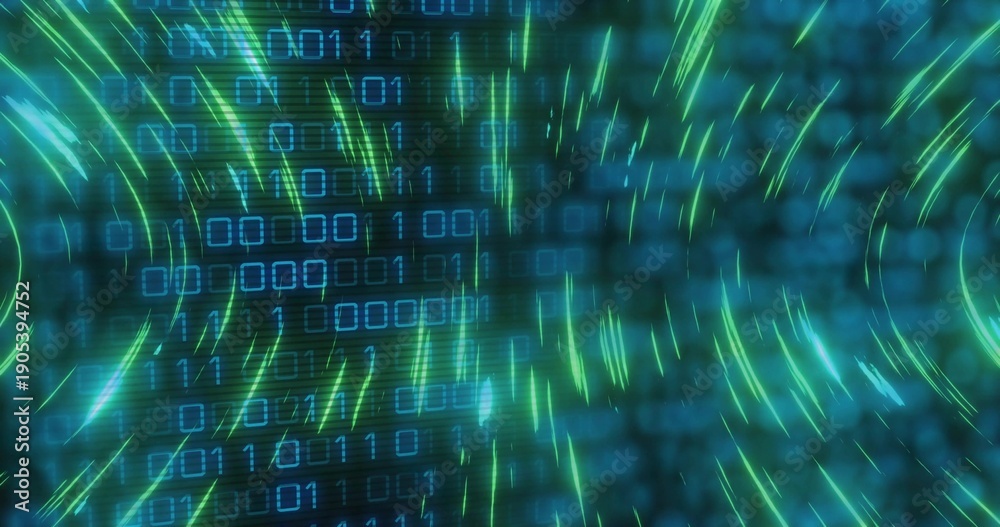 Obraz premium Streaming blue binary matrix and neon green arcs moving through virtual data tunnel, with panels