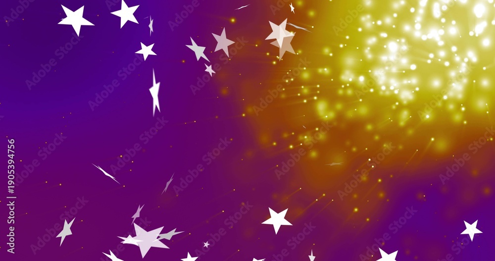 Fototapeta premium Glowing golden cluster emitting radial rays on purple-amber gradient, with white stars, copy space