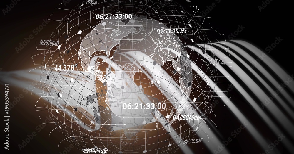 Obraz premium Rotating 3D globe on studio backdrop, displaying numeric overlays, node network and streaks