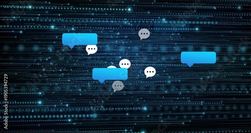 Floating cluster of speech-bubble icons hovering above virtual data plane, showing chat activity