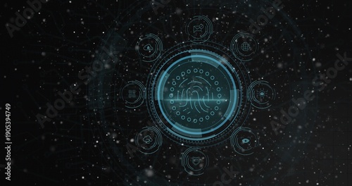 Scanning circular fingerprint HUD projecting rings at cyber UI, showing scan line, icons, particles