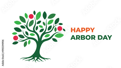 Happy Arbor Day tree illustration with green leaves and red fruits on white background promoting environmental awareness nature conservation and sustainability