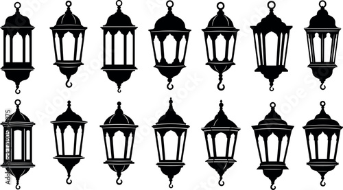 Vintage lantern silhouette collection vector illustration, classic hanging lamps set, decorative antique light fixtures isolated, traditional outdoor lighting design icons bundle