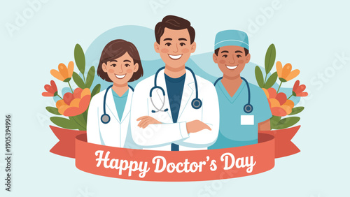 Happy Doctors Day illustration with diverse medical team doctors and nurses holding stethoscopes celebrating healthcare service care teamwork and appreciation